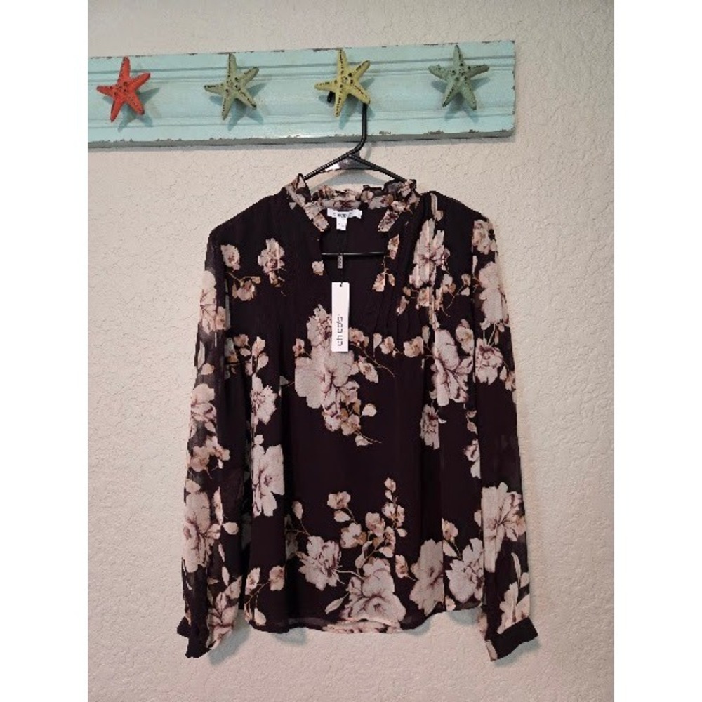 Chico's Ruffle Neck Blouse Womens Size 0 Burgundy Floral